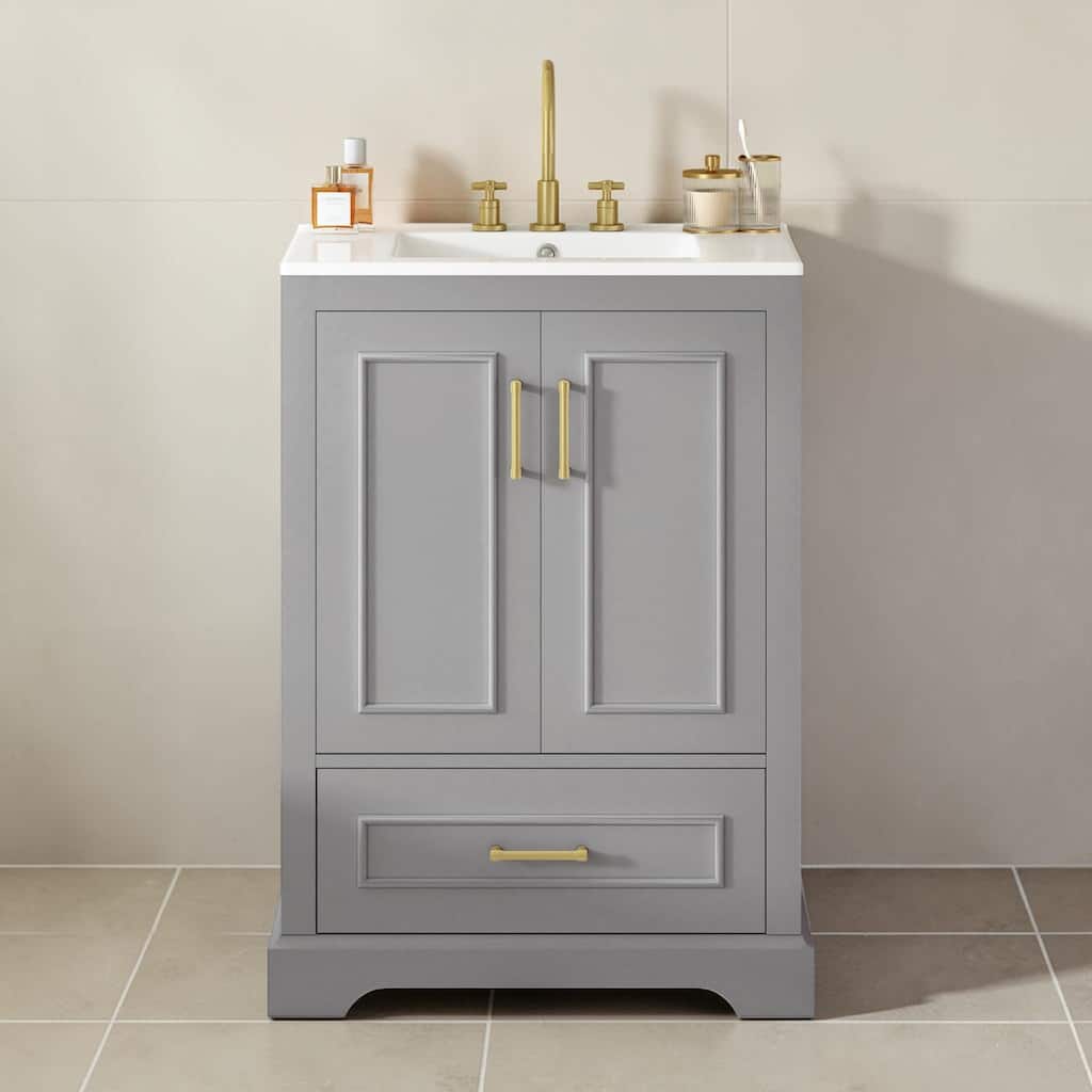 24 Inch Bathroom Vanity with Ceramic Sink, Freestanding Gray Storage Cabinet with Soft Close Doors