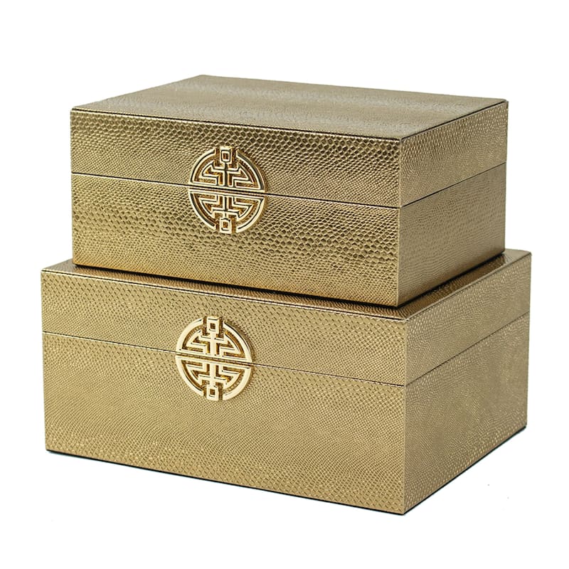 Faux Leather Boxes with Geometric Clasp - 10.25" - Bronze and Gold - Set of 2