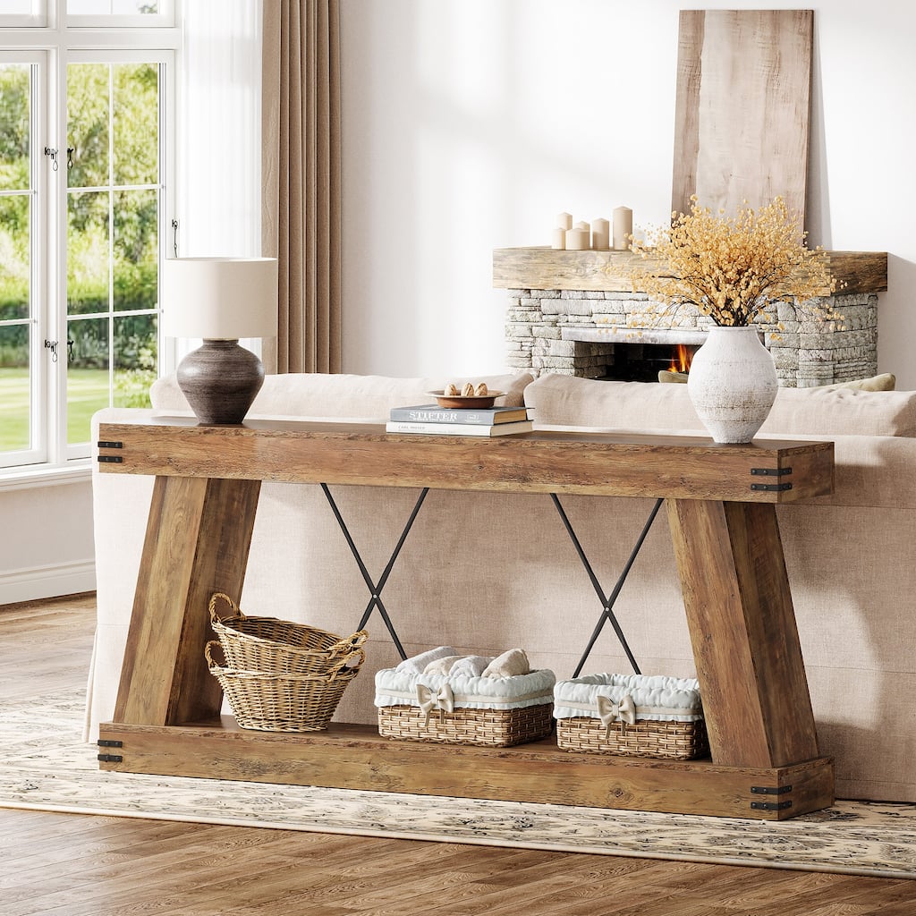 2-Tier Farmhouse Console Table, 70.9” Brown Entryway Table for Living Room - Large