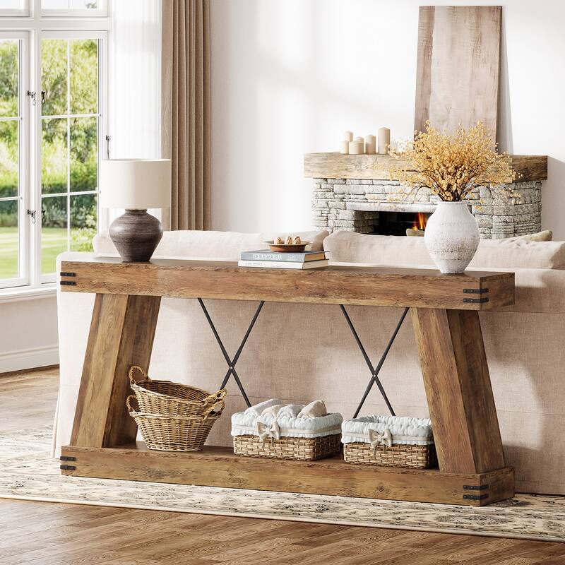 70.9” Farmhouse Console Table, Brown Entryway Table with Storage - Large