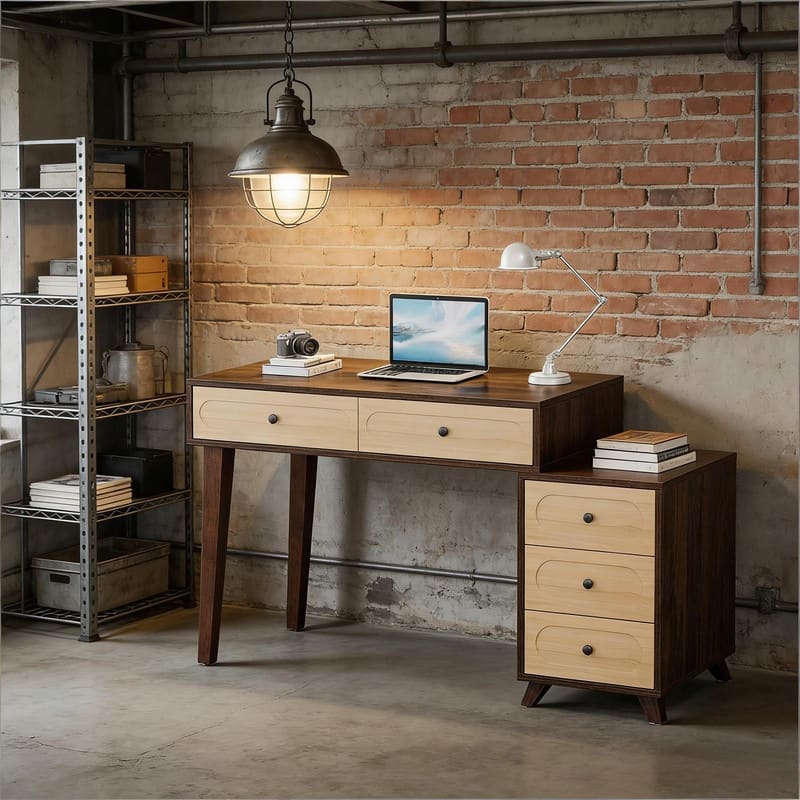 39" Retro Industrial Computer Desk with 5 Drawers, Adjustable Storage, Solid Wood Legs