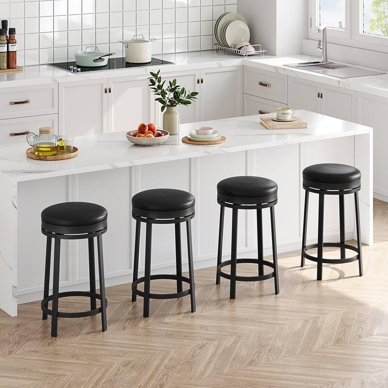 Swivel Bar Stools, Set of2/ 4 Bar Chairs, 61 cm High Kitchen Counter Stools with Faux Leather Seat and Sturdy Metal Frame - Black - 4PC