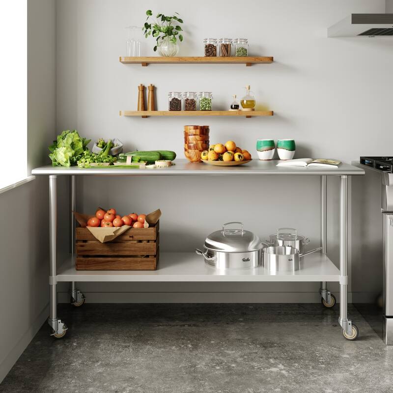 Commercial Stainless Steel 18 Gauge Worktable with Undershelf and Casters