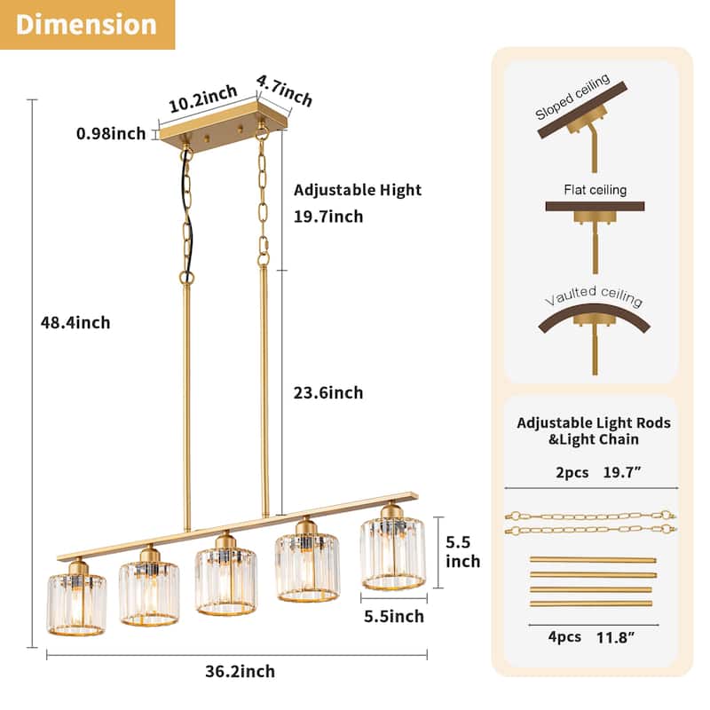 Starsky 5-Light Modern Glass Crystal Chandelier Cluster Linear Kitchen Island Light with Cylindrical Shade