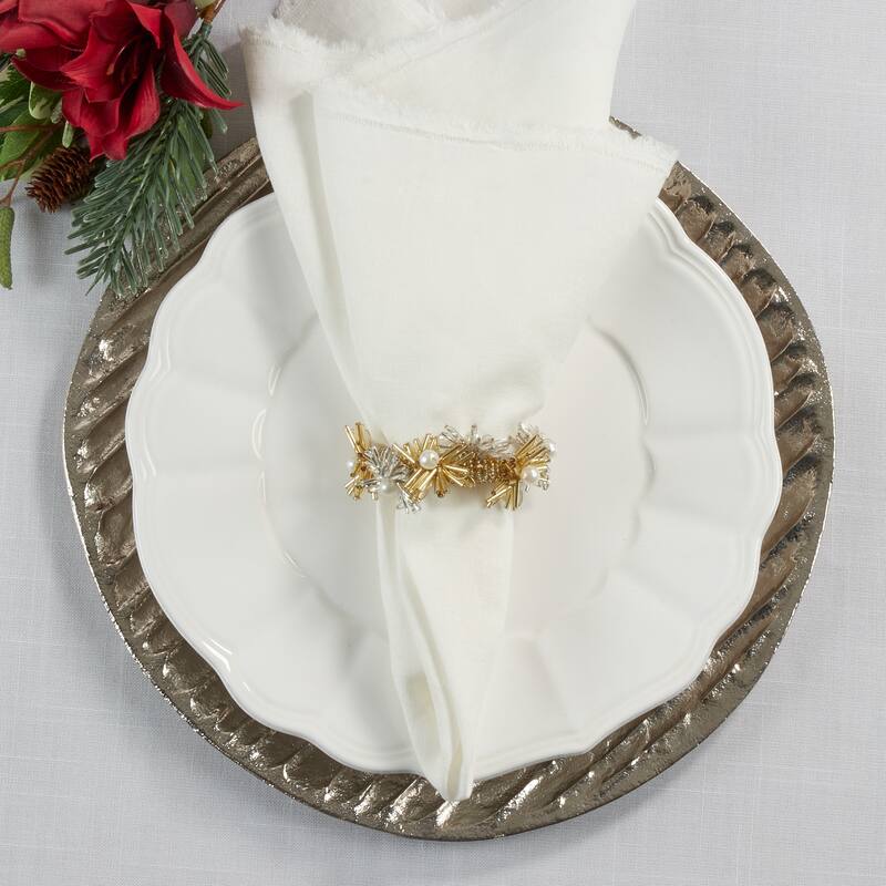 Napkin Rings With Beaded Flowers Design (Set of 4) - Gold