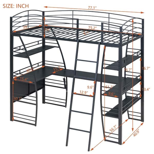 Black High Loft Bed w/ L-Shaped Desk and Storage Shelves, Metal Platform Bed w/ Curved Guardrail, USB Ports & Wireless Charging