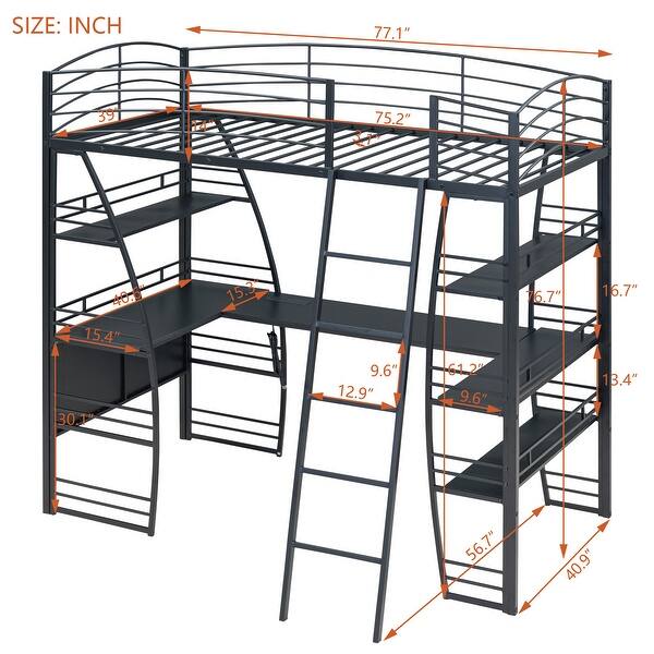 dimension image slide 1 of 2, Metal Twin Loft Bed with Guardrails, Shelving, and Desk