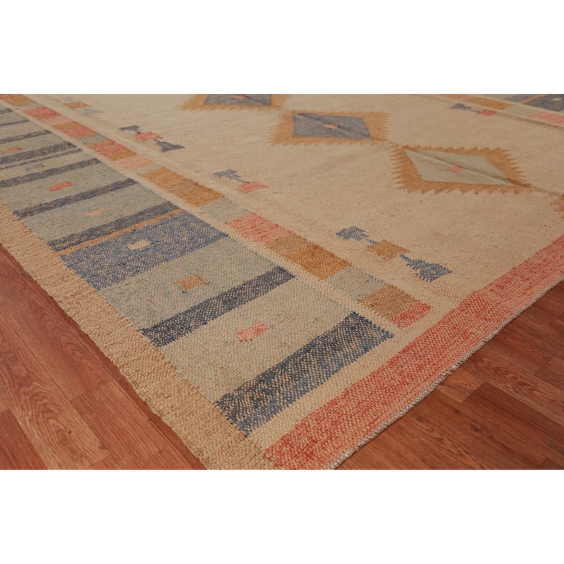 Hand Woven Oriental 100% Jute Carpet Southwestern Modern Beige & Ivories Kilim Area Rug - 12' 6'' X 9' 4''