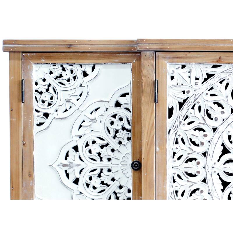4-Door Hollow-Carved Accent Cabinet, Distressed Wood Storage Cabinet Cupboard with adjustable shelves,unique design,Natural wood