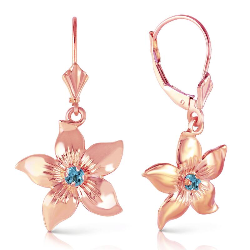 14K Solid Gold Leverback Flowers Gemstone Earrings w/ Blue Topaz - Rose