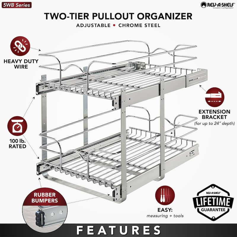 Rev-A-Shelf Pullout 2-Tier Basket Organizer for Kitchen Cabinets, 9 x 22 In, 5WB2-0922CR-1