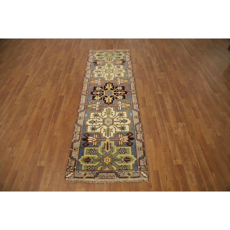Hand Knotted Oriental 100% Wool Carpet Traditional Geometric Greys & Charcoal Kazak Runner Rug - 7' 10'' X 2' 6''