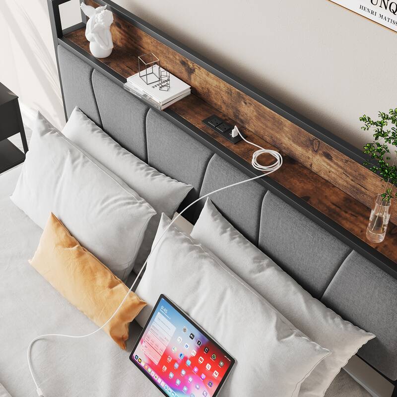 Brown Metal & Wood Full Platform Bed Frame with Storage Headboard and Charging Station