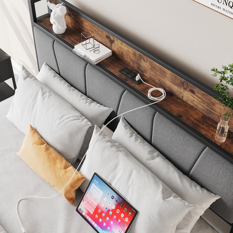 Brown Metal & Wood Full Size Platform Bed Frame with Storage Headboard and Charging Station, Solid and Stable, Noise-Free