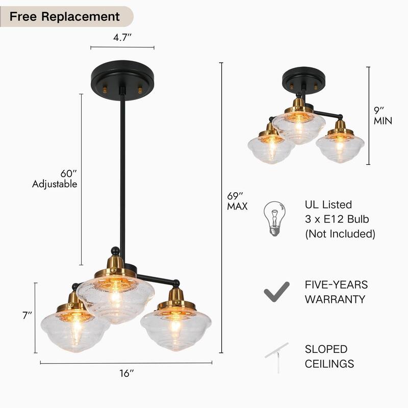 Mid-Century Modern 3/5-Light Black Gold Wheel Chandelier Seeded Glass Pendant Light for Dining Room