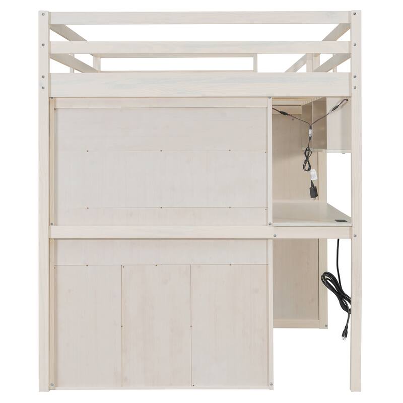 Full Loft Bed with Built-In Wardrobe & Study Desk - Space-Saving Frame with LED Lights & Shelves