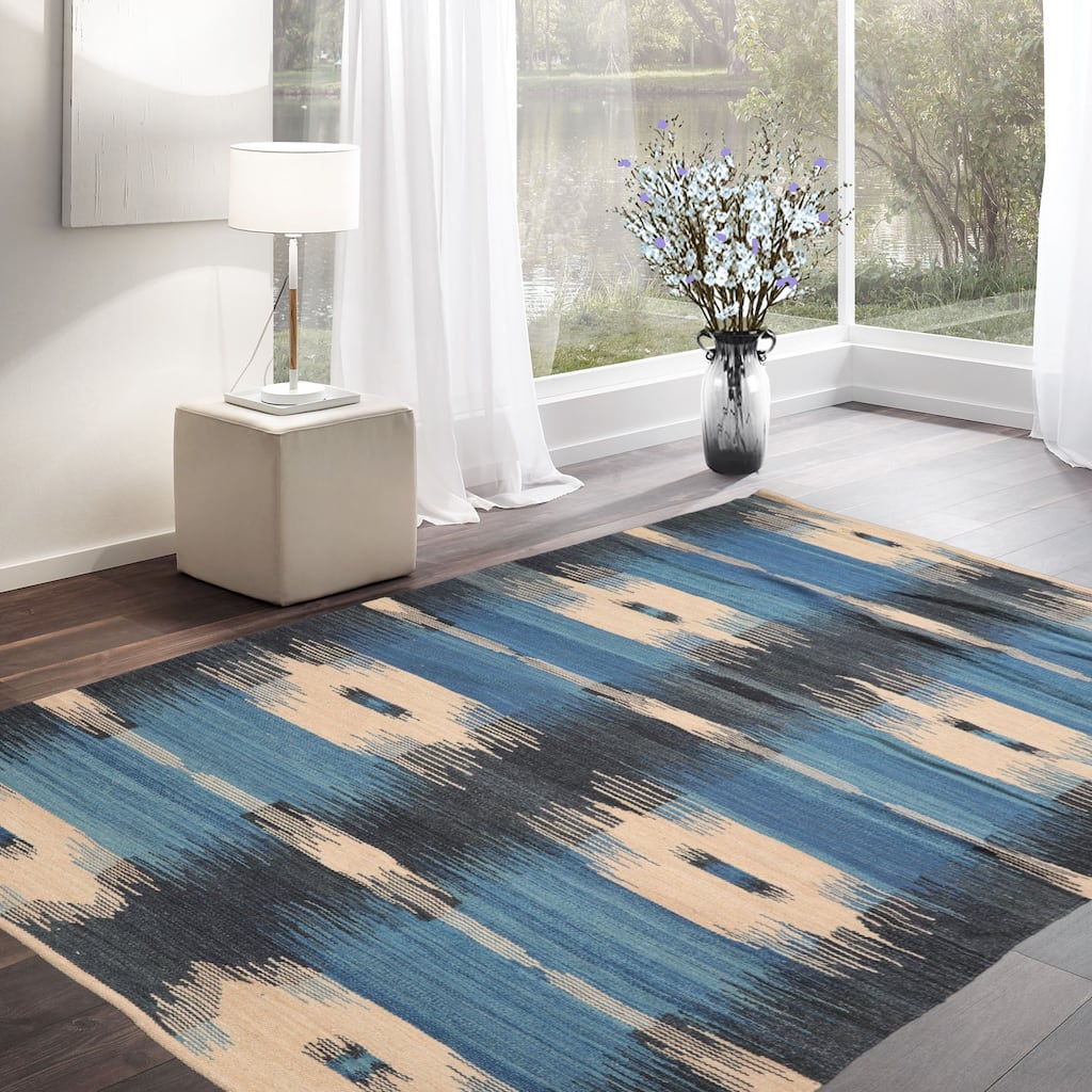 LoomBloom Hand Woven Contemporary Beige Ikat Wool Oriental Area Rug - 5' 3'' x 7' 7''