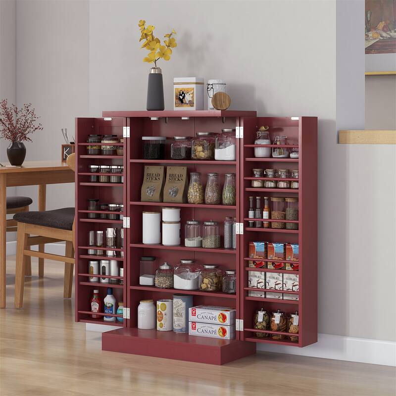 Freestanding Kitchen Cabinet with 12 Door Shelves - Red