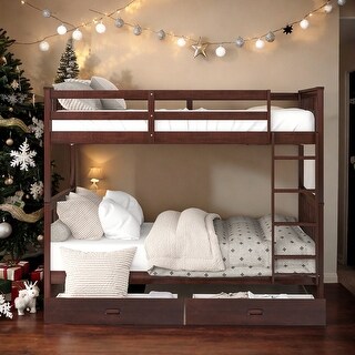 Full Over Full Bunk Bed with Ladders and Two Storage Drawers, Espresso