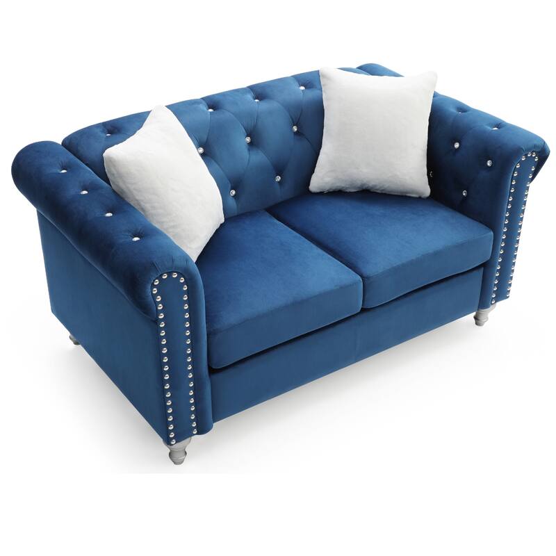 Tufted Velvet 2-Seater Sofa with Throw Pillows - 60" - Blue