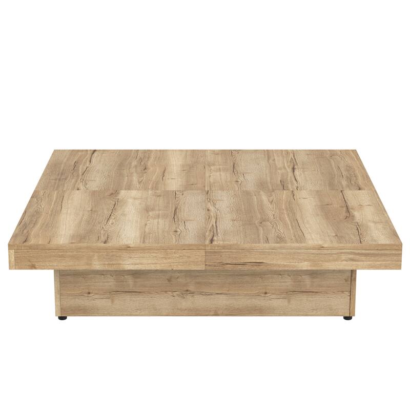 39.4" Square Veneer Coffee Table with Sliding Top & Storage, Natural Wood Grain Finish
