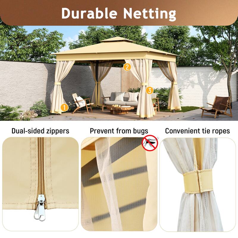 Patio Gazebo Tent with Double Roofs and Mosquito Netting for Backyard