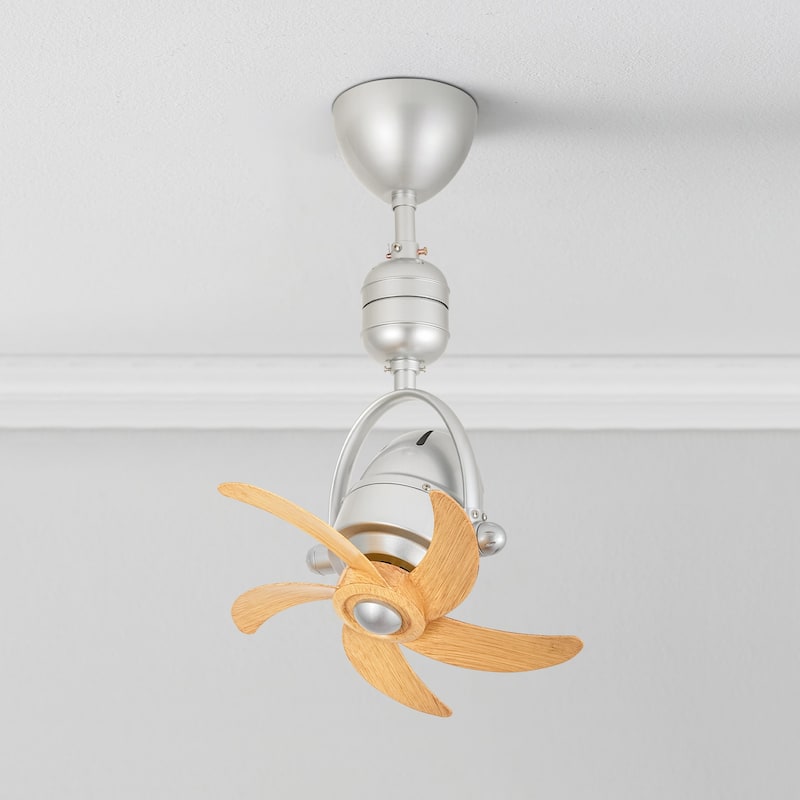 5-Speed 5-Blade Mid-Century Modern Silver Metal & Natural Wood-Tone Plastic Ceiling Fan with Remote for Living Room