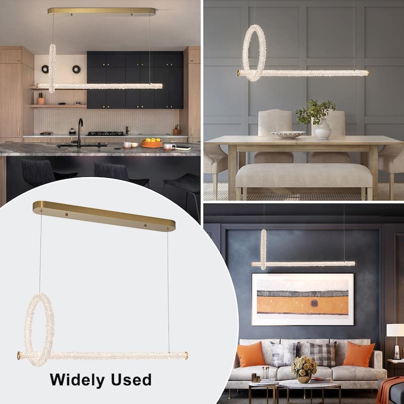 Modern Gold Crystal Ring Linear LED Chandelier, Dimmable - W39.37-in