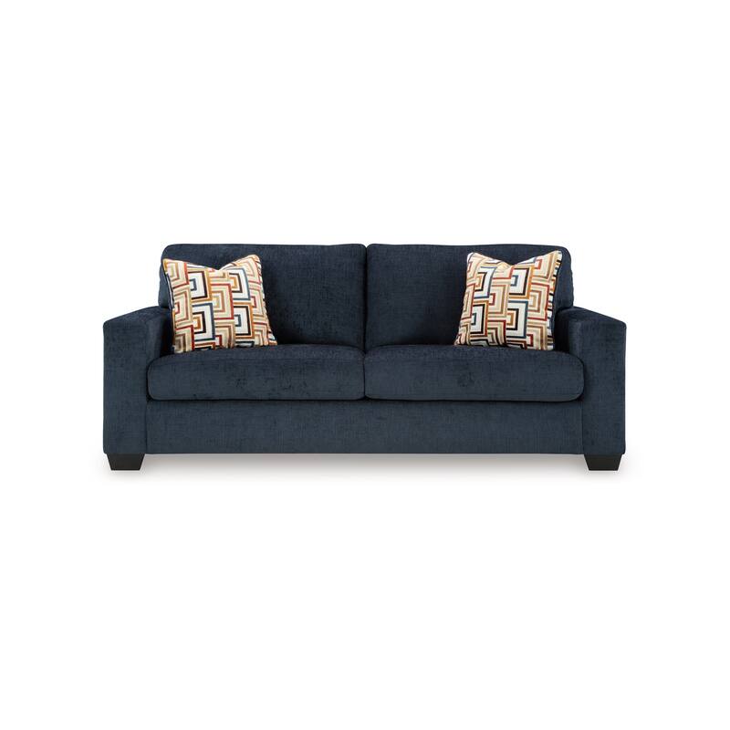 Avie Sofa, 2 Accent Pillows, 85 Inch, Black, Soft Navy Blue Polyester