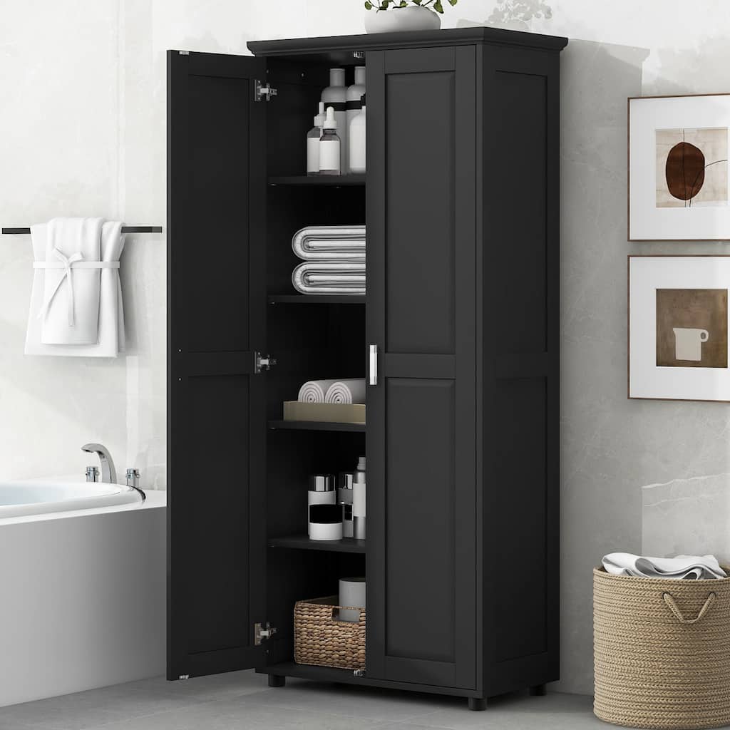 Roomfitters Tall 2-Door Storage Cabinet with 5-Tier Adjustable Shelves, Modern MDF Linen Tower for Bathroom & Office, Black