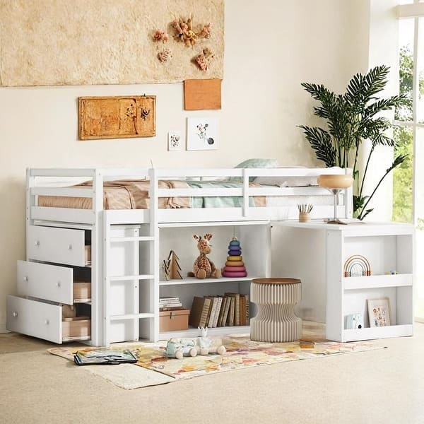 slide 2 of 13, Twin Loft Bed with Drawer Cabinet, Shelf Cabinet and Pulling-Out Desk White