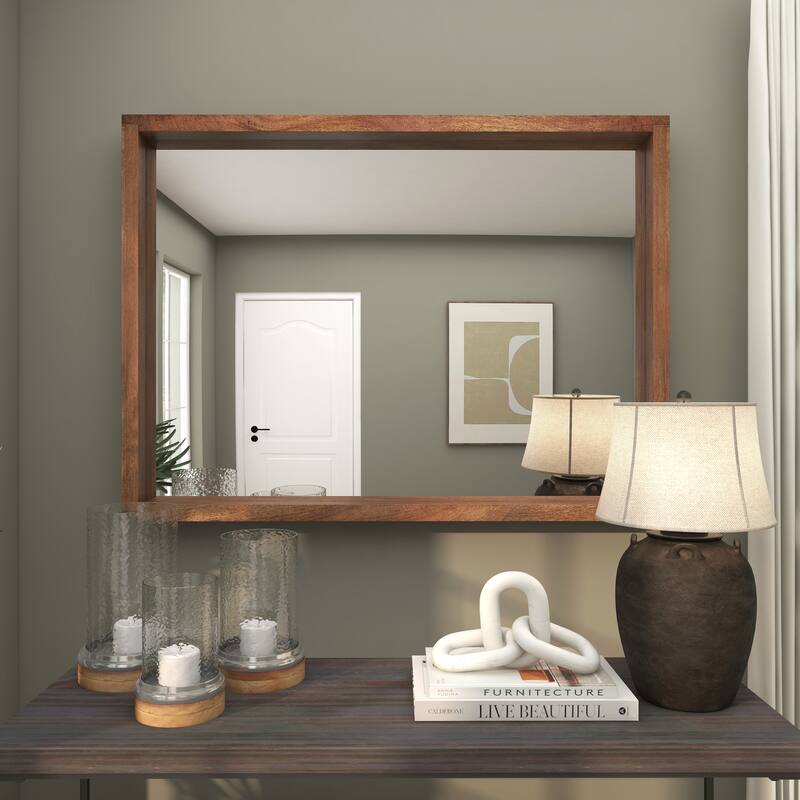 Brown Mango Wood Minimalistic Wall Mirror with Natural Wood Grain and Deep Set Frame