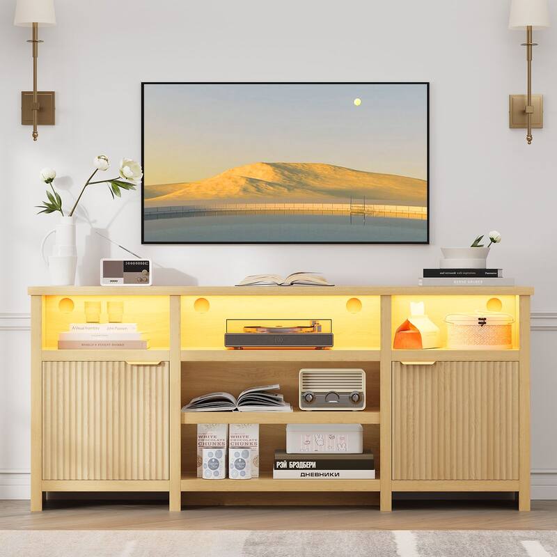 Gyomojoy 71" LED Farmhouse TV Stand for 75-85 Inch TV, Modern Boho Media Console with RGB Lights, 2 Doors & Adjustable Shelves.
