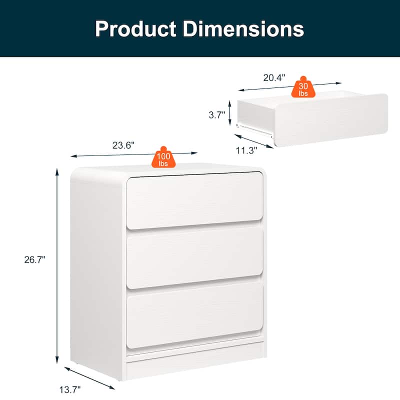 Modern Storage 3-Drawer Nightstand for Bedroom, Nursery, Living Room