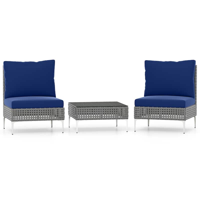 3 Piece Grey Rattan Conversation Chair Patio Set with Blue Cushions Metal Frame and Glass Table - Chair: 26" × 24" × 26" - Blue-Grey