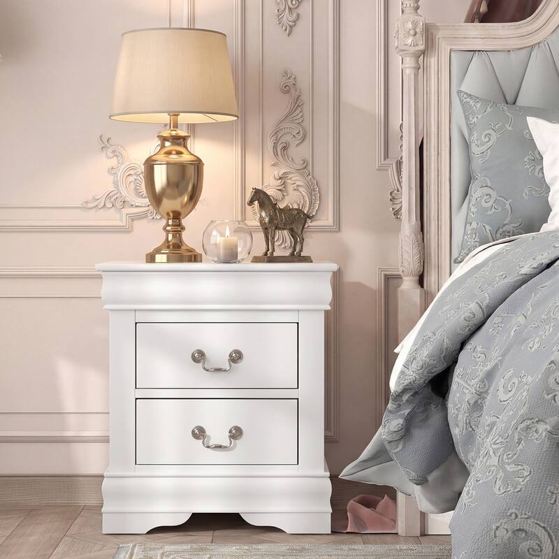 Rossetta Transitional Antique Elegant Style 2-Drawer Nightstand with Solid Wood Legs and Smooth Glides - White