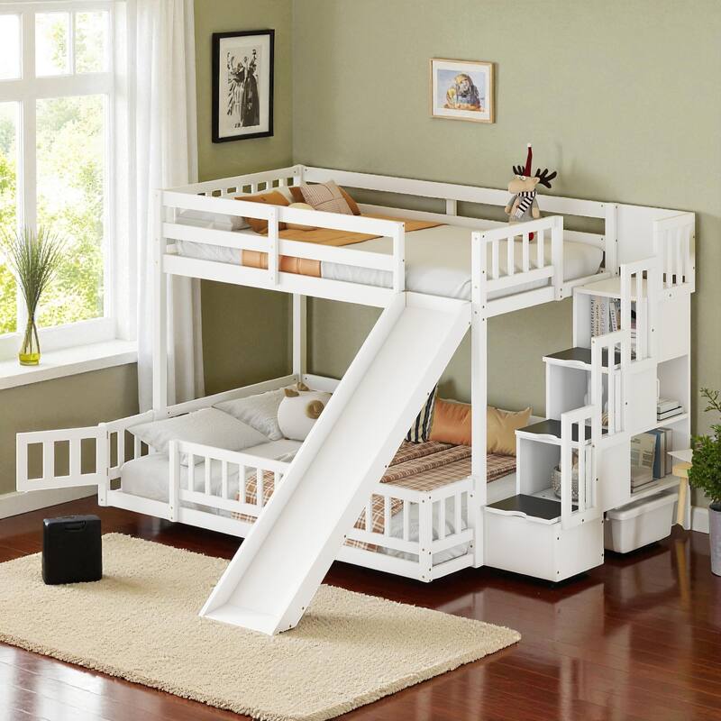 Twin Over Full Bunk Bed with Slide and Storage Staircase, Solid Pine Wood Frame with Guardrails and Drawers