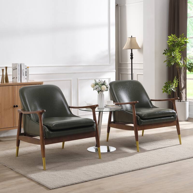 Roomfitters Mid-Century Faux Leather Accent Chair with Cushioned Seat, Solid Wood Frame and Brass-Tipped Legs