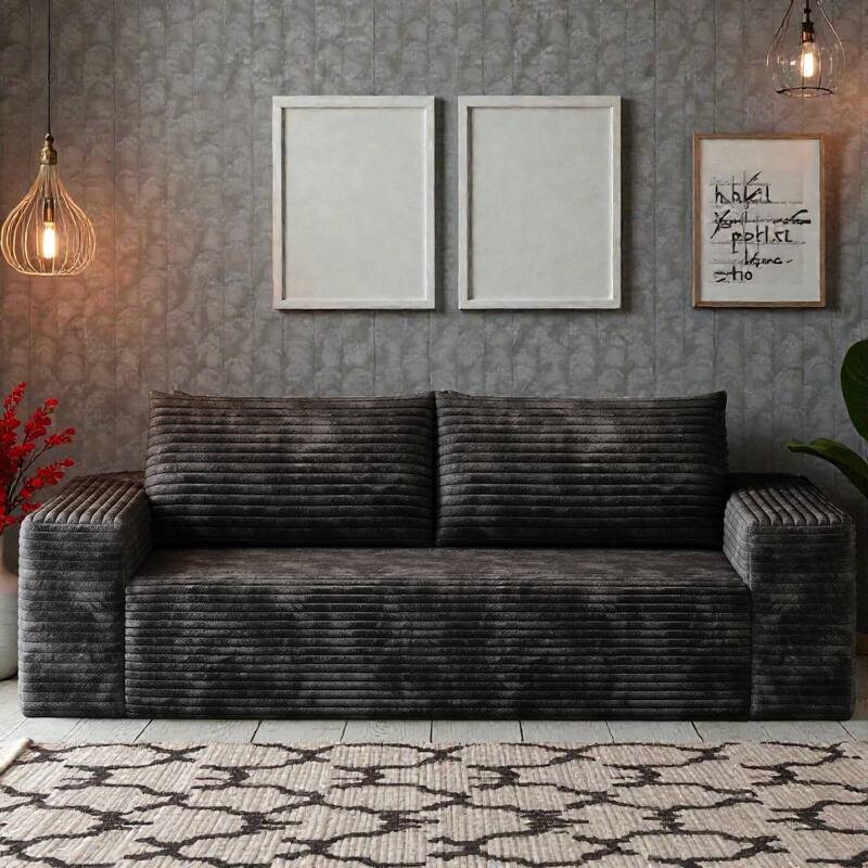 71" Corduroy 3-Seater Sofa, Deep Seat Comfy Couch with Wide Armrests, No-Assembly Soft Fabric Sofa for Living Room - Black