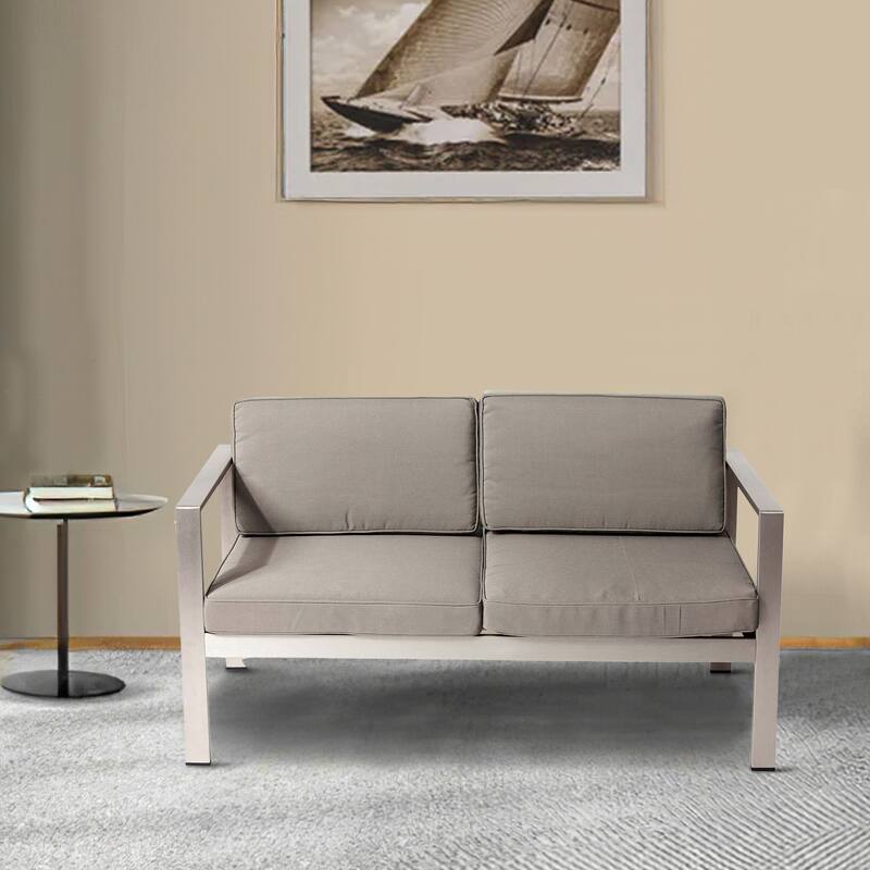 Kili 54 Inch Sofa, Sleek Silver Aluminum Frame, Water Resistant Cushions