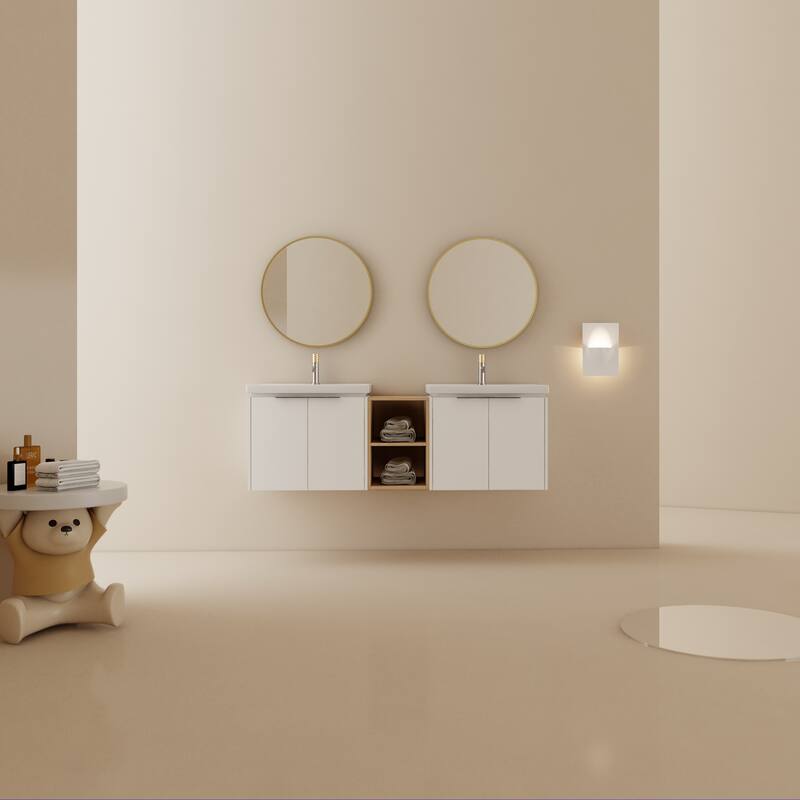 Wall-Mounted Vanity with Double Ceramic Basins, Soft-Close Doors, Metal Handles, and Ample Storage Space - 59.6in L Plywood - White