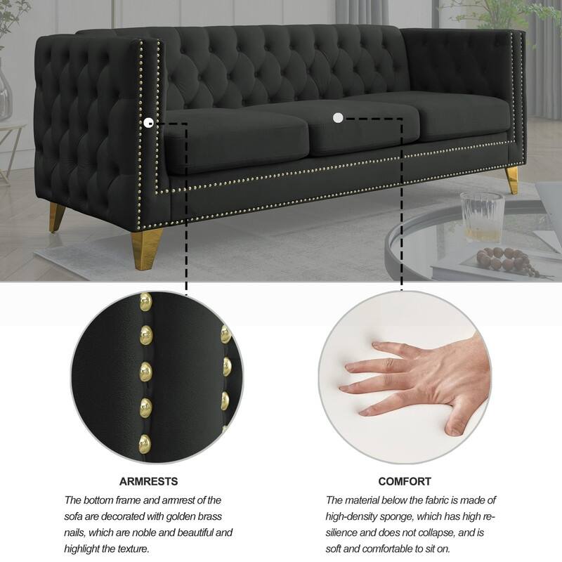 Luxury Velvet Upholstered Tufted Sofa with Arms,Living Room Couches with Metal Legs