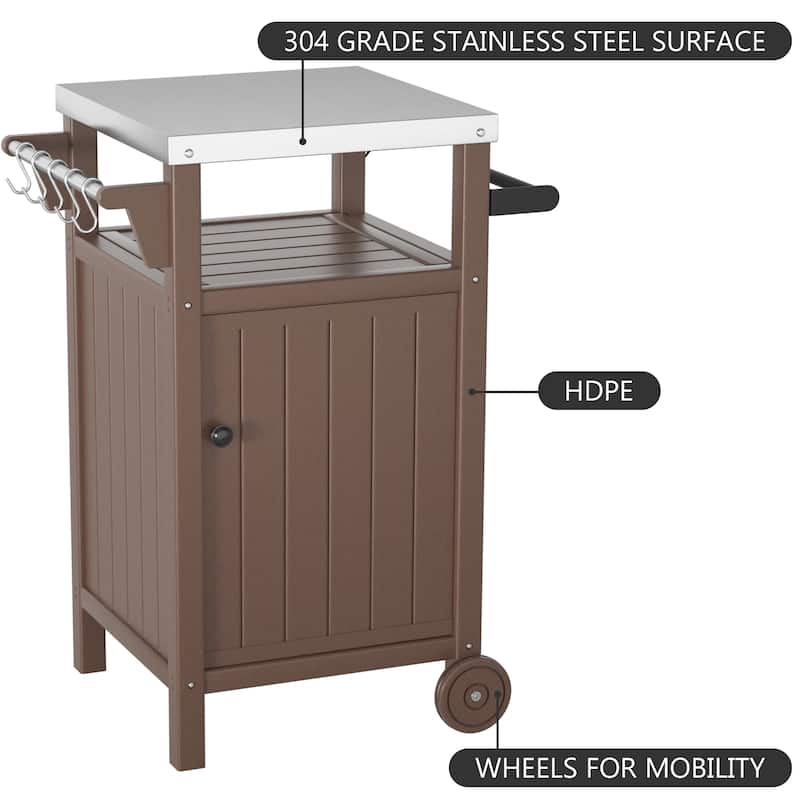 Barbecue/Grill Side Table Trolley, Outdoor Prep Dining Table Serving Cart with 304 Stainless Steel Top-HDPE
