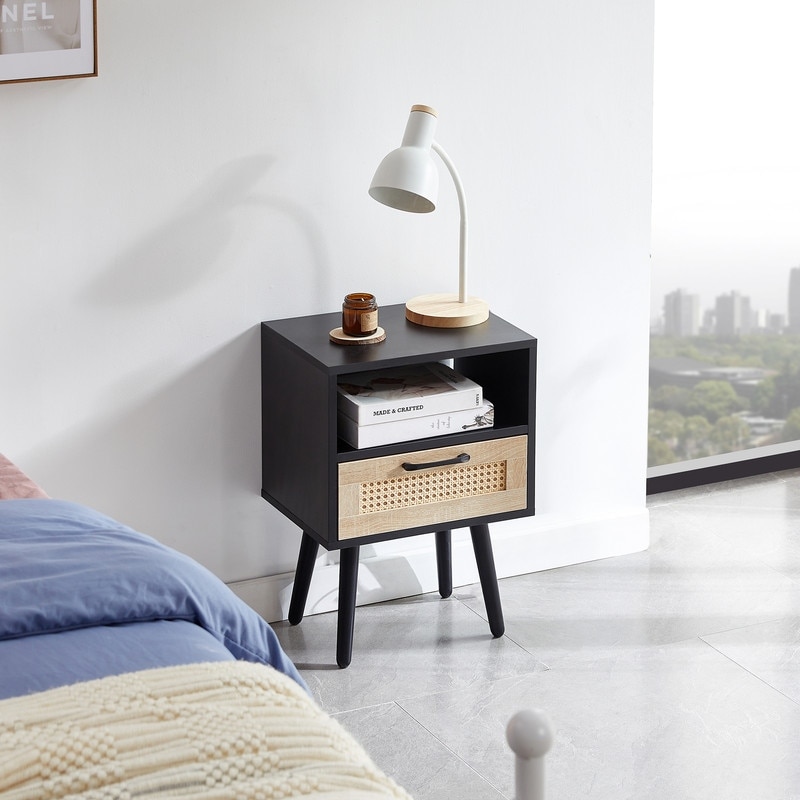 15.75" Rattan Nightstand with Drawer and Solid Wood Legs for Bedroom