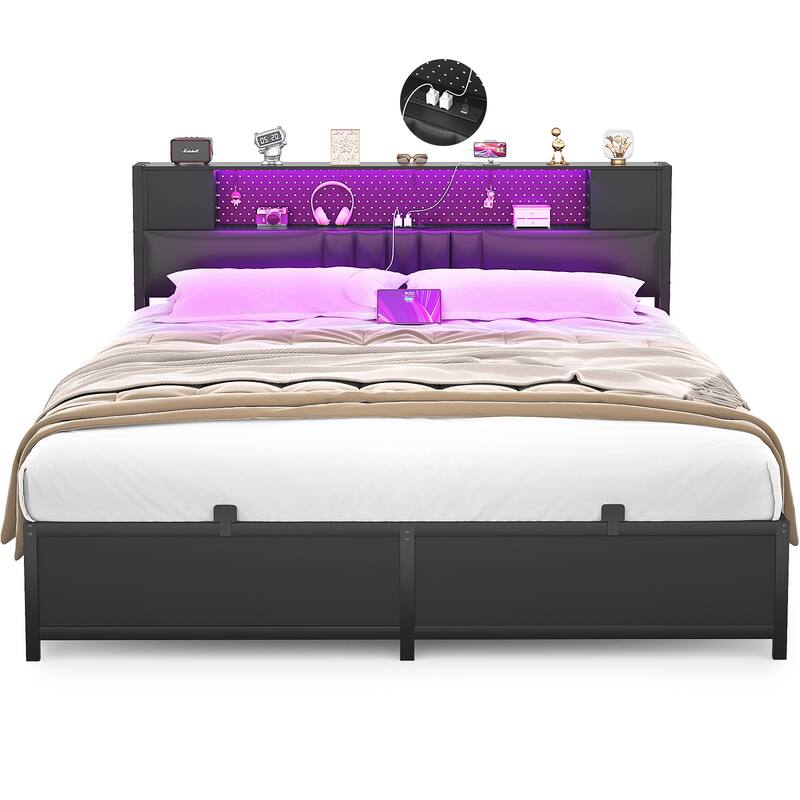Farmhouse Bed Frame with Holey Board, Upholstered Headboard Platform Bed with Charging Station