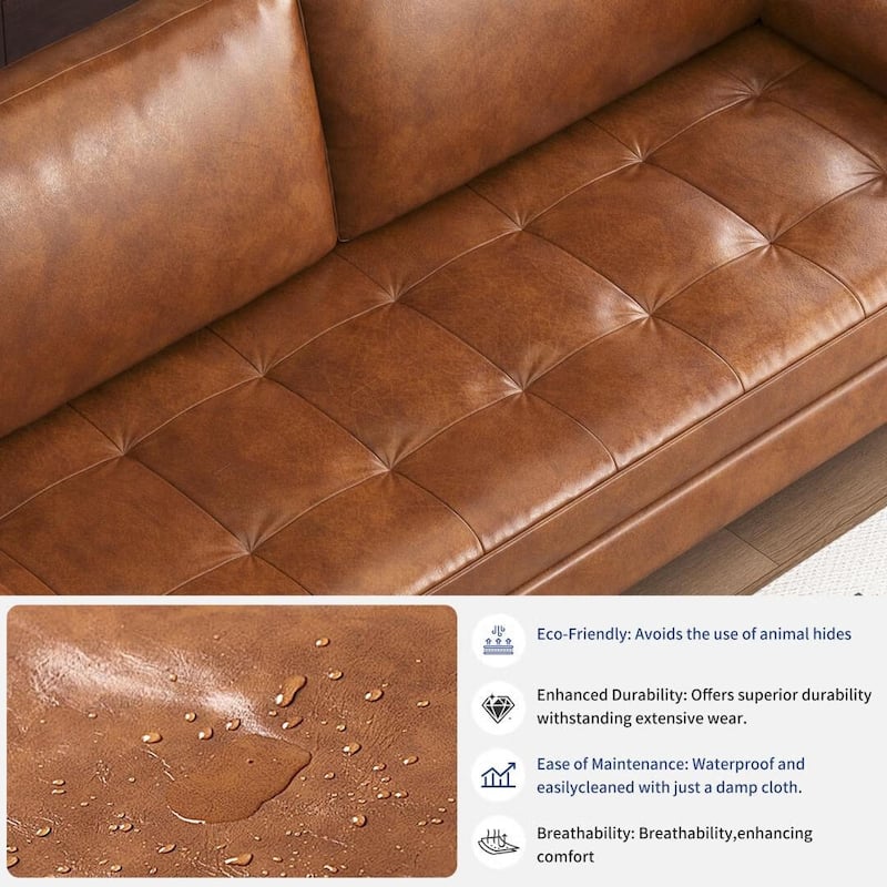 Mid-Century Modern Brown Faux Leather Sofa – 3-Seater Upholstered Couch with Bolster Pillows, Tufted Seat, and Solid Wood Frame