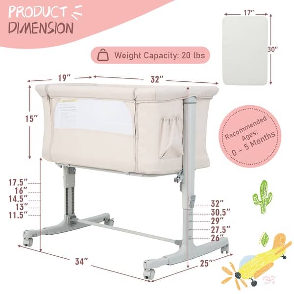 dimension image slide 0 of 3, Babyjoy 3-in-1 Baby Bassinet Beside Sleeper Crib with 5-Level - See Details