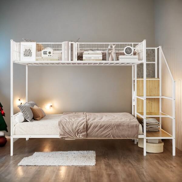 slide 2 of 12, Versatile Design Twin over Full Metal Bunk Bed with Wire Shelving and Lateral Storage Ladder and Wardrobe-White White