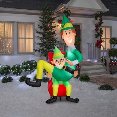 Gemmy Christmas Inflatable Buddy the Elf on Papa Elf's Lap, 7 ft Tall