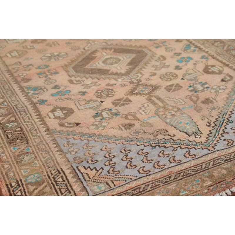 Geometric Hamedan Persian Vintage Runner Rug Handmade Wool Carpet - 3'5" x 9'3"